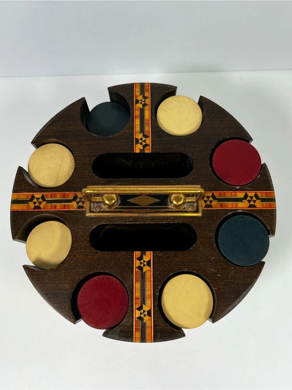 Vintage Mid Century Wooden Poker Chip Carousel Caddy Faux Alligator Cover Inlay